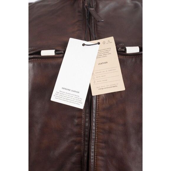 Mango MNG Mens Brown Leather Bomber Biker Jacket Coat L Large Full Zip NWT - Picture 6 of 7